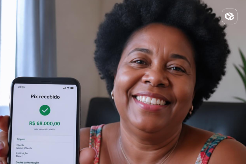 Mulher sorri exibindo tela de celular com Pix recebido de R$ 68.000,00