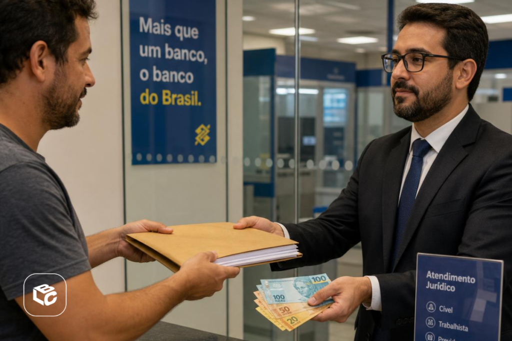 Homem recebe dinheiro e documentos em agência do Banco do Brasil, com foco em pagamento de Precatórios.
