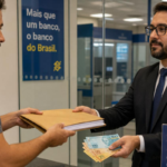 Homem recebe dinheiro e documentos em agência do Banco do Brasil, com foco em pagamento de Precatórios.